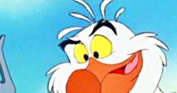 Scuttle from The Little Mermaid happily holds a fork, showcasing his quirky, comedic personality in a colorful background.