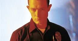 Portrayal of a law enforcement officer in a dramatic scene, reminiscent of the Terminator T-1000. Captures intense emotion.