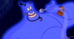 Cheerful blue genie from "The Genie of the Lamp," holding a microphone and exuding magical energy in a dark cave setting.