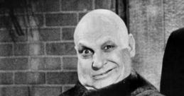 Uncle Fester with a mischievous grin, dressed in black, showcasing his iconic bald head and eccentric charm.