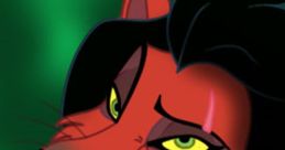 Uncle Scar with a cunning expression, featuring his distinctive darker mane and striking green eyes, set against a dark green background.