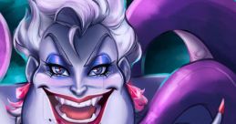 Ursula, the sea witch from Disney, smiling mischievously with her iconic tentacles and purple dress against a dark ocean backdrop.