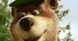 Yogi Bear, wearing a green hat and tie, smiles playfully in a forested backdrop. A beloved cartoon character.