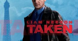 Liam Neeson stars in "Taken" (2008), wielding a gun against a Paris backdrop, showcasing an intense action thriller vibe.