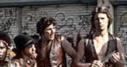 Iconic gang scene from "The Warriors" (1979); fierce characters in leather vests ready for action in a gritty urban setting.