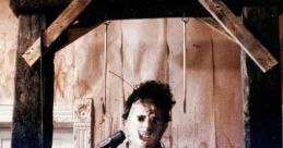 Sinister character from "The Texas Chain Saw Massacre" wielding a hammer, set in a gruesome, blood-stained environment.