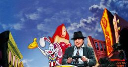 Roger Rabbit and Jessica Rabbit ride in a colorful car, capturing the whimsical spirit of "Who Framed Roger Rabbit.