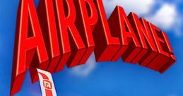 Title logo of the 1980 film "Airplane!" featuring a cartoon airplane soaring through a bright blue sky with clouds.