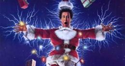 Chevy Chase in a Santa suit, surrounded by electric sparks and holiday gifts, from "Christmas Vacation" (1989) poster.