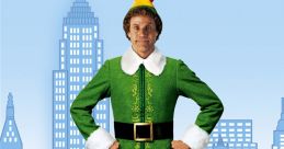 Will Ferrell as Buddy the Elf in "Elf" (2003), wearing a green elf costume in a festive snowy city backdrop.