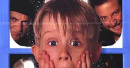 Home Alone (1990) movie poster featuring Kevin's shocked expression while burglars lurk in the background. Classic family comedy.