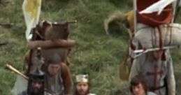 King Arthur and his knights in "Monty Python and the Holy Grail," ready for their comedic quest in a medieval setting.