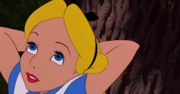 Alice from Disney's "Alice in Wonderland" looks up thoughtfully, wearing her signature blue dress and black bow.