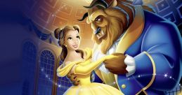 Belle dances with the Beast in a magical scene from "Beauty and the Beast" with enchanted friends and a glowing rose.