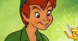 Peter Pan from the 1953 animated classic, smiling joyfully with Tinker Bell against a magical green backdrop.