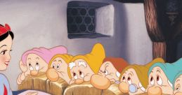 Snow White chats with the Seven Dwarfs in a cozy cottage, showcasing friendship and magic from the classic 1937 film.