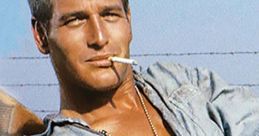 Paul Newman as Luke from "Cool Hand Luke," exuding confidence with a cigarette, capturing the film's rebellious spirit.