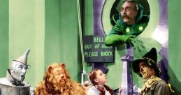 Dorothy, Scarecrow, Tin Man, and Cowardly Lion at the Emerald City, encountering the Wizard in "The Wizard of Oz" (1939).