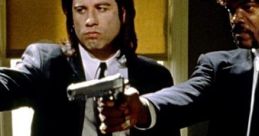 Iconic scene from "Pulp Fiction" featuring two hitmen drawing their guns in a tense moment.