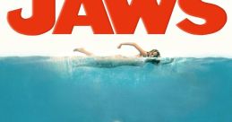 Iconic "Jaws" movie poster featuring a great white shark approaching a swimmer in deep blue water.