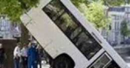 Bus teeters on edge by canal; onlookers witness an epic fail moment, highlighting a comical transportation mishap.