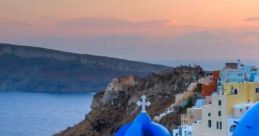 Sunset over Santorini's iconic blue-domed church, showcasing Greece's stunning coastal beauty and cultural charm.