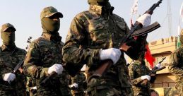 Militant soldiers in camouflage uniforms march in formation, showcasing military discipline and readiness during a war-themed parade.