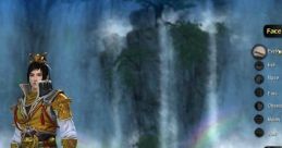 Character customization selection screen featuring a young warrior in traditional attire against a scenic waterfall backdrop.