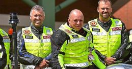 Members of the Blood bike charity in high-visibility gear with motorcycles, promoting blood donation and emergency services.