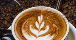 Artfully crafted latte with leaf design, resting on a saucer surrounded by roasted coffee beans. Perfect for coffee lovers.