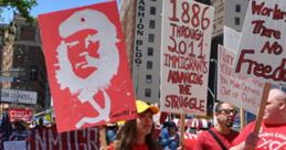 Young Communists rallying for peace and equality, holding signs advocating for immigrant rights and social justice.