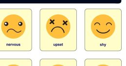 Emotional chart displaying various feelings: nervous, upset, shy, sad, surprised, happy, excited, angry, scared.