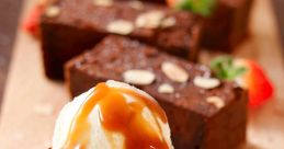 Decadent chocolate cake topped with ice cream, caramel sauce, and fresh strawberries, perfect for dessert lovers.