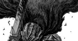 Guts from Berserk kneels in imposing armor, gripping a massive sword, surrounded by a dark, swirling ominous mist.