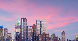 Stunning New York City skyline at dusk, featuring glowing lights and reflections on the water for a captivating urban view.