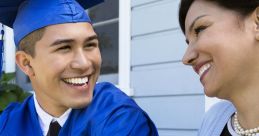 Smiling graduate in blue cap and gown shares a joyful moment with supportive parent on graduation day.