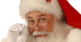 Santa Claus in a red suit, white gloves, and a festive hat, looking over his glasses with a jolly expression.