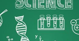 Colorful doodles representing science concepts like chemistry, biology, and mathematics on a chalkboard background.