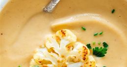 Creamy cauliflower soup topped with roasted cauliflower and fresh herbs, perfect for a delicious meal or appetizer.