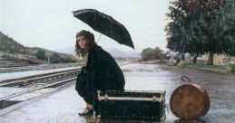 Woman waiting at a rainy train station, holding an umbrella next to her luggage, evoking feelings of anticipation and solitude.