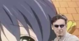 Onii Chan character expression with humorous text; featuring a man with sunglasses in a playful anime crossover scene.