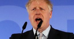 Boris Johnson passionately addressing support for Brexit at a rally, emphasizing leadership with "Back Boris" backdrop.