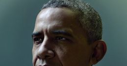 Barack Obama in a dark suit with a blue and white striped tie, showcasing a thoughtful expression and presidential demeanor.