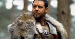 Maximus in Gladiator, wearing armor and a fur cloak, exudes strength and determination in a forest setting.