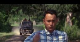 Forrest Gump running down a dirt road, showcasing determination and iconic style in a blue checkered shirt.