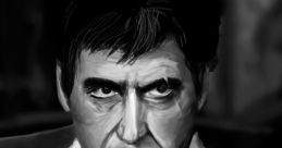 Tony Montana, iconic character from Scarface, portrayed with intense expression and signature style in black and white art.