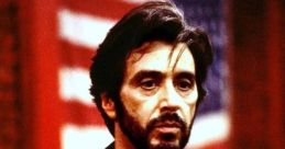 Carlito Brigante from "Carlito's Way," embodying intensity in a dramatic scene with an American flag backdrop.