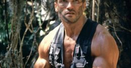 Dutch from Predator holds an assault rifle, ready for action in a dense jungle, showcasing muscular build and intense focus.