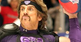 White Goodman in a dramatic dodgeball throw, wearing a purple uniform, showcasing competitive spirit in "Dodgeball.