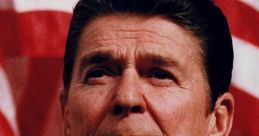 Portrait of Ronald Reagan with an earnest expression, set against a backdrop of the American flag, symbolizing patriotism.